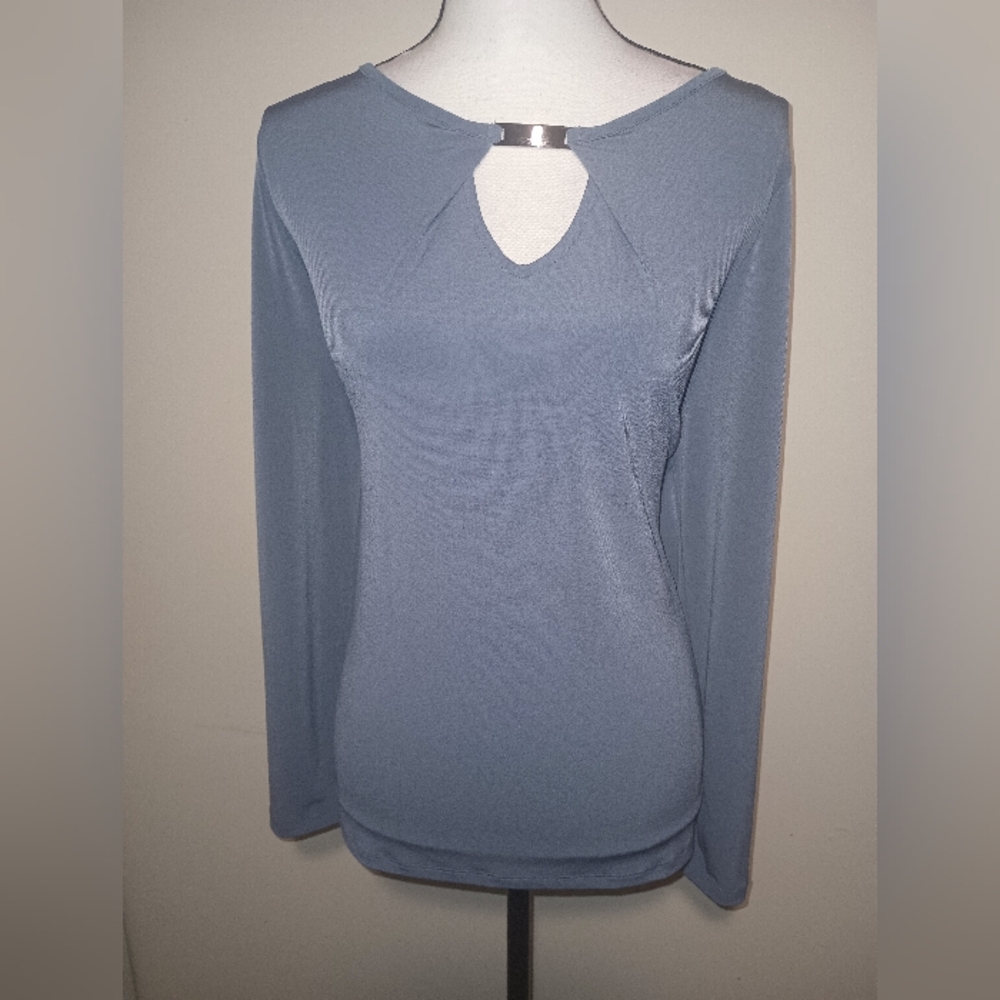 Tahari Blue Long Sleeve Cut Out Blouse